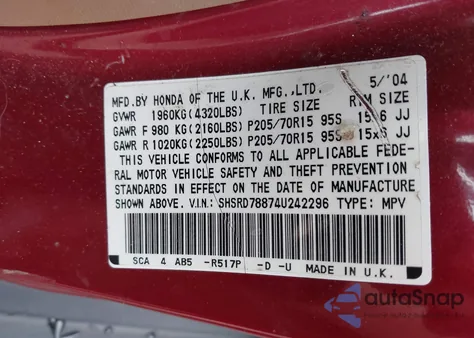 2004 Honda Cr-V Ex z USA, uszkodzony, nr VIN SHSRD78874U242296